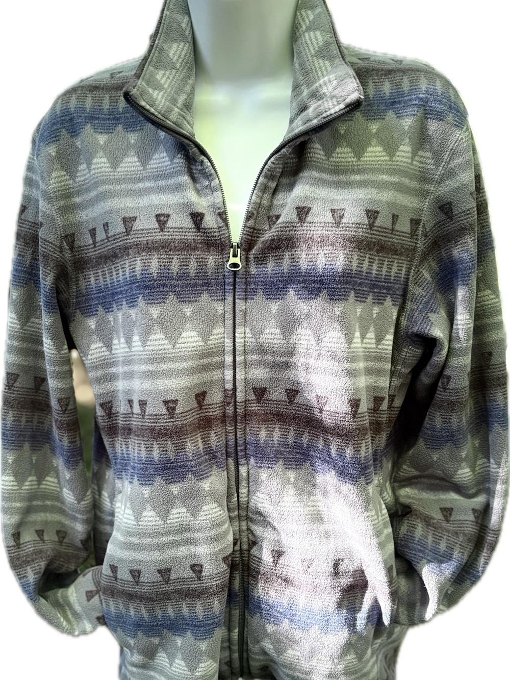 Uniqlo Zip-Front Fleece Jacket with Blue, Gray and Brown Geometric Pattern